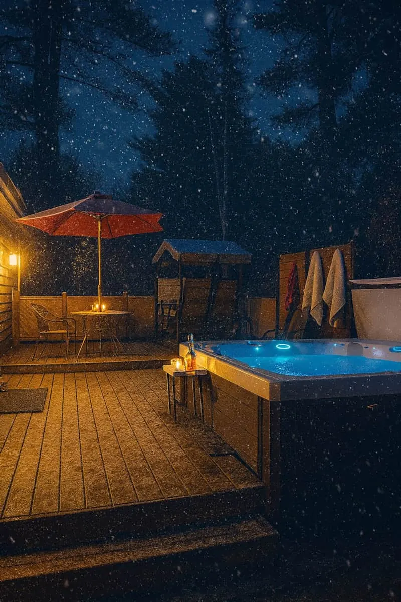 Spa illuminé sous la neige, la nuit