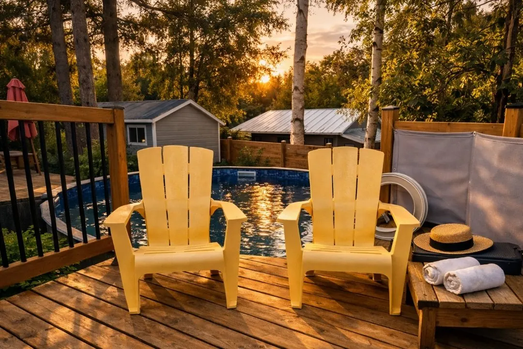 Deux chaises Adirondack sur la terrasse près de la piscine au coucher du soleil