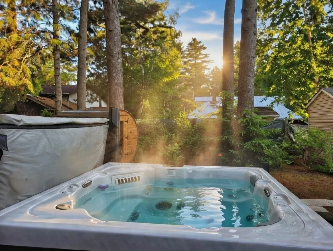 Spa fumant au soleil couchant avec le sauna derrière