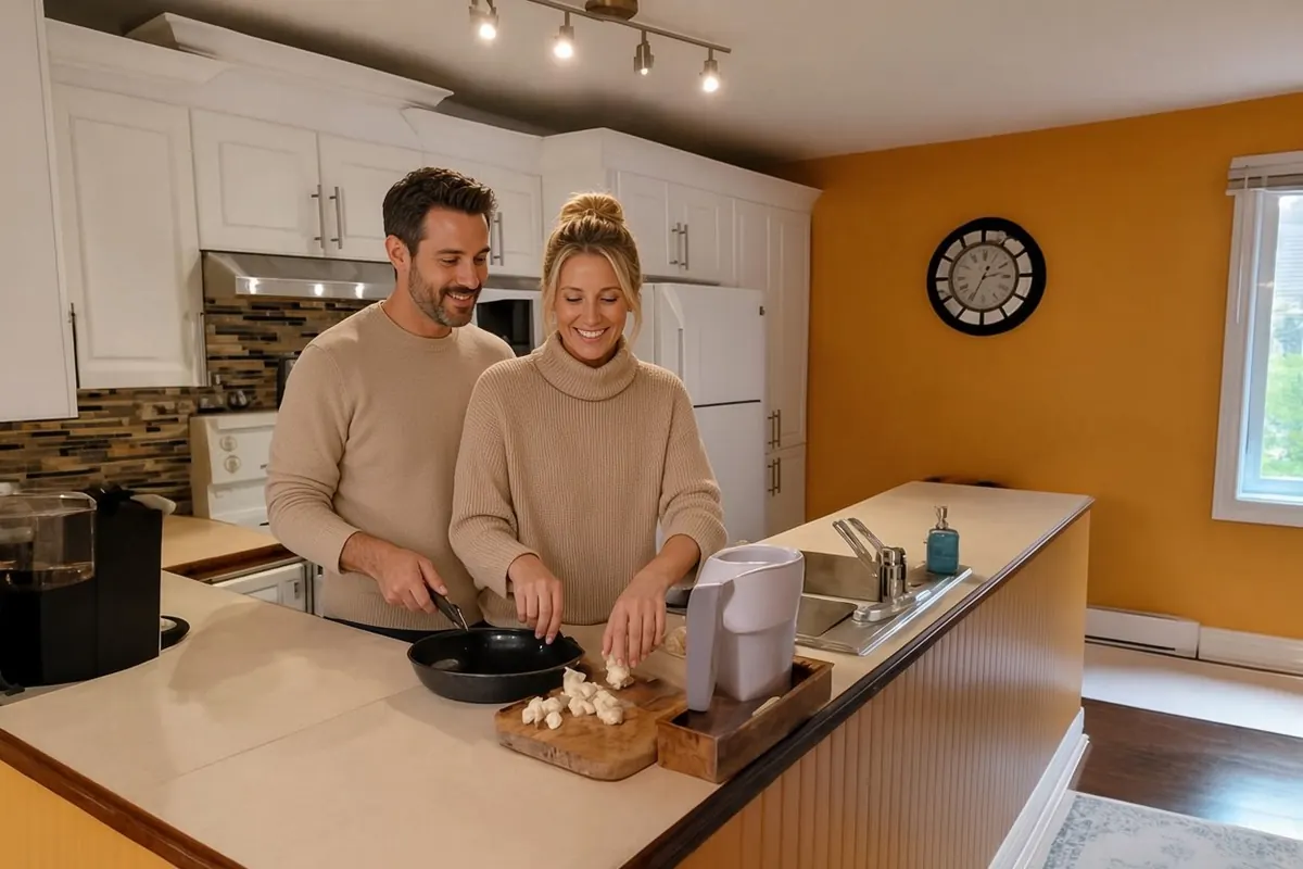 Couple cuisinant dans la cuisine équipée